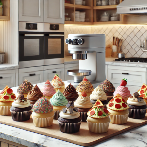 DALL·E 2024-08-28 14.18.57 - A realistic kitchen scene featuring a variety of beautifully decorated cupcakes on a modern countertop. The cupcakes are colorful and varied, includin
